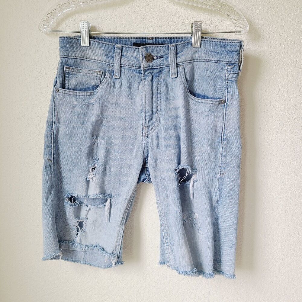 Express‎ Bermuda Jean Shorts 28 Slim Festive Western Boho Denim Fringe Destroyed